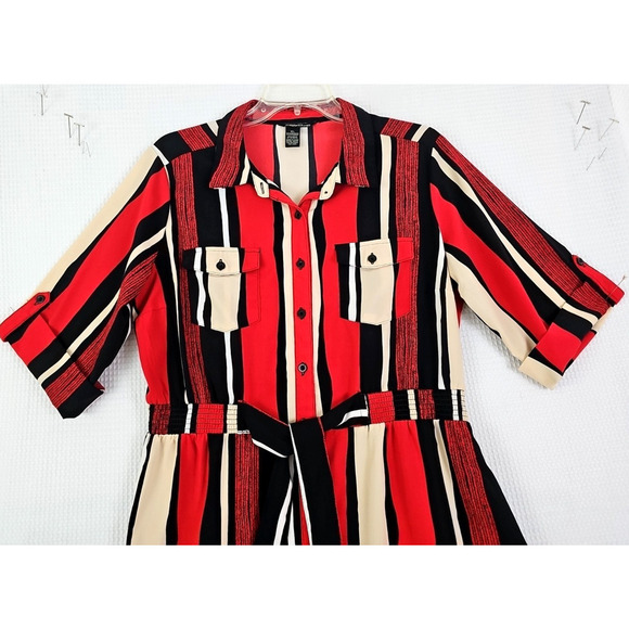 Millenium~Size XL~Red/Multicolor Striped Short Sleeve Button Dress Elastic Waist - Picture 9 of 13